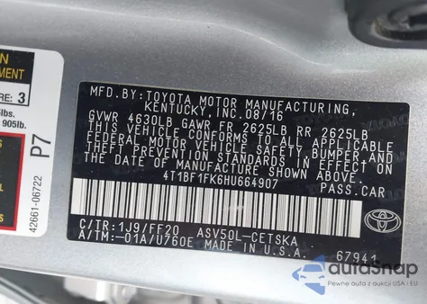 2017 Toyota Camry Se z USA, uszkodzony, nr VIN 4T1BF1FK6HU664907